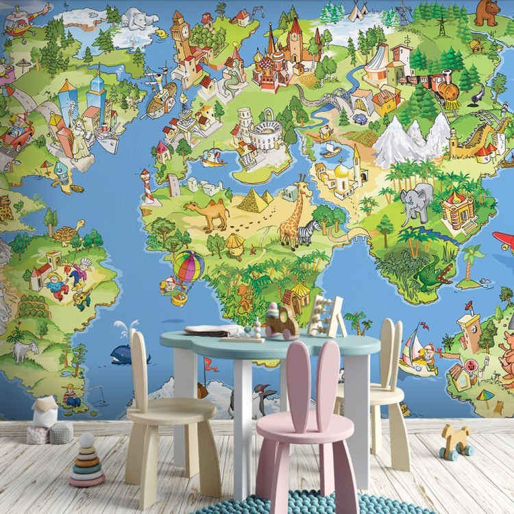 Ταπετσαρία Τοίχου Πολύχρωμος χάρτης με αξιοθέατα και ζώα