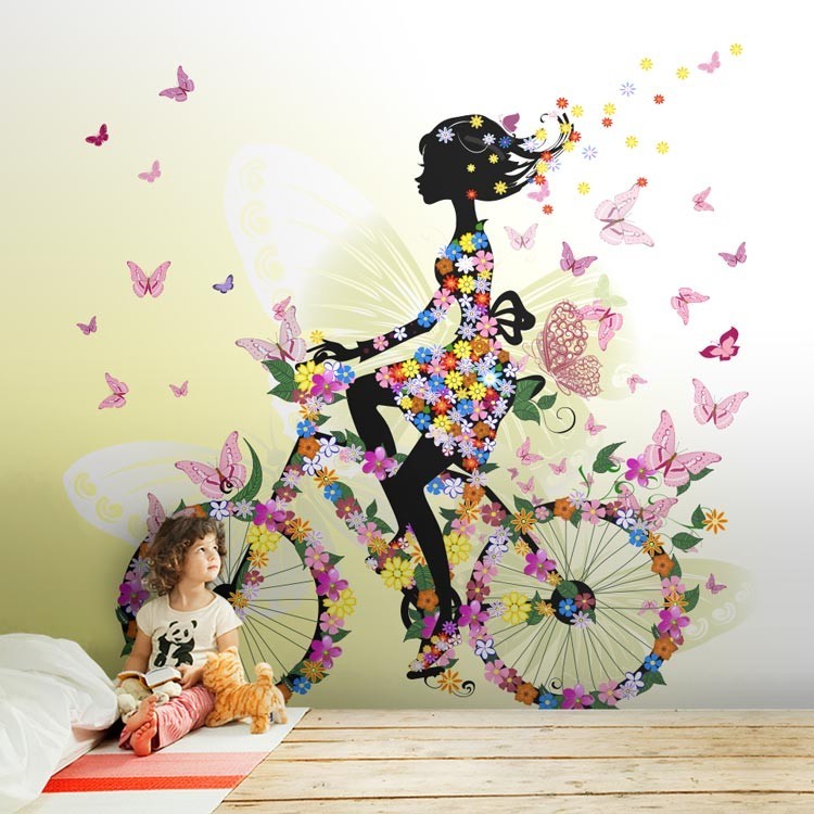 Ταπετσαρία Τοίχου Κορίτσι από λουλούδια σε ποδήλατο