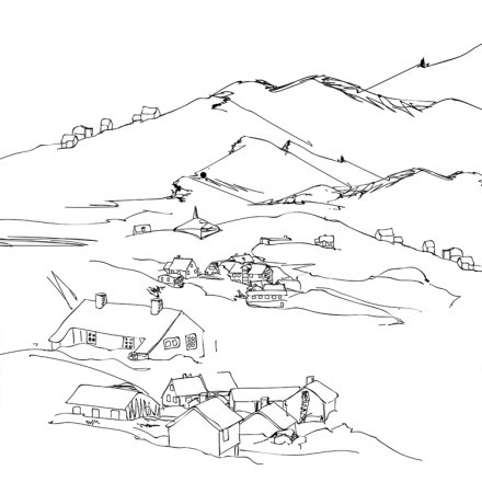 Σκίτσο με σπίτια στο βουνό