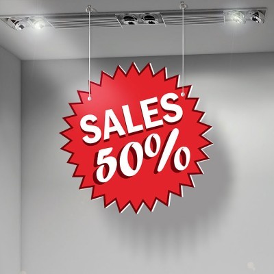 Houseart Sales 50% Red backround, Εκπτώσεις, Καρτολίνες κρεμαστές, 50x50 cm