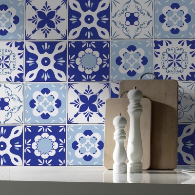 Μεσογειακό Σχέδιο μπλε-γαλάζιο, Backsplash, Αυτοκόλλητα πλακάκια, 30 x 120 εκ. (50474)