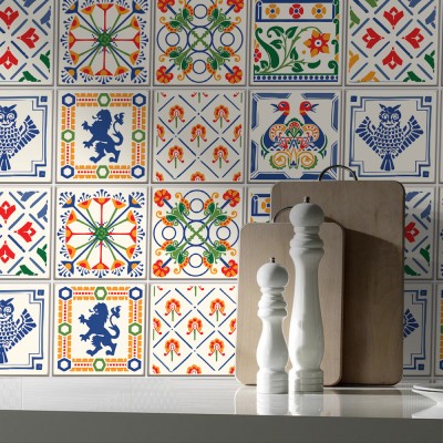 Houseart Floral μοτίβο με ζώα, Backsplash, Αυτοκόλλητα πλακάκια, 30 x 120 εκ.