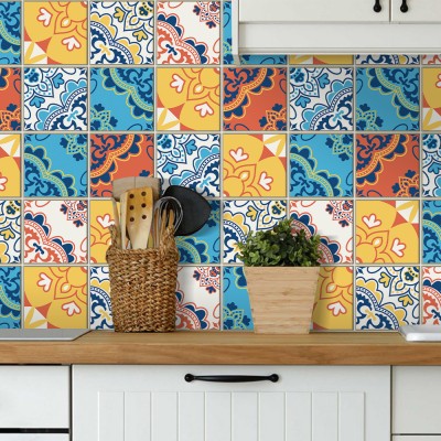 Houseart Πολύχρωμο ισπανικό μοτίβο, Backsplash, Αυτοκόλλητα πλακάκια, 30 x 120 εκ.
