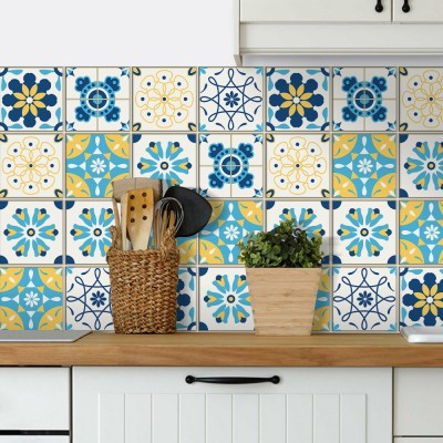 Γαλάζιο-κίτρινο μοτίβο, Backsplash, Αυτοκόλλητα πλακάκια, 30 x 120 εκ.