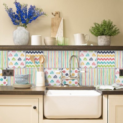 Houseart Πολύχρωμο μοτίβο με γραμμές και σχέδια, Backsplash, Αυτοκόλλητα πλακάκια, 30 x 120 εκ.