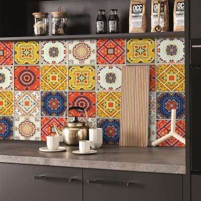 Houseart Πολύχρωμο παραδοσιακό μωσαϊκό μοτίβο, Backsplash, Αυτοκόλλητα πλακάκια, 30 x 120 εκ.