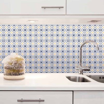 Floral μοτίβο μπλε-κίτρινο, Backsplash, Αυτοκόλλητα πλακάκια, 30 x 120 εκ.