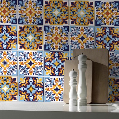 Μοτίβα σε μπλε - κίτρινο αποχρώσεις, Backsplash, Αυτοκόλλητα πλακάκια, 30 x 120 εκ.