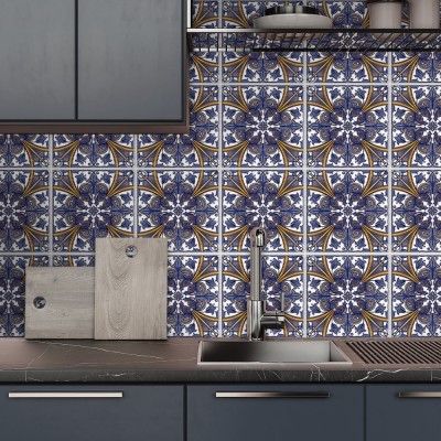 Houseart - ΣΗΜΑΝΤΙΚΟ: Σε περίπτωση διαφοράς τιμής από το κατάστημα ισχύει παντα και μόνο η τιμή του καταστήματος Ινδικό μπλε μοτίβο, Backsplash, Αυτοκόλλητα πλακάκια, 3