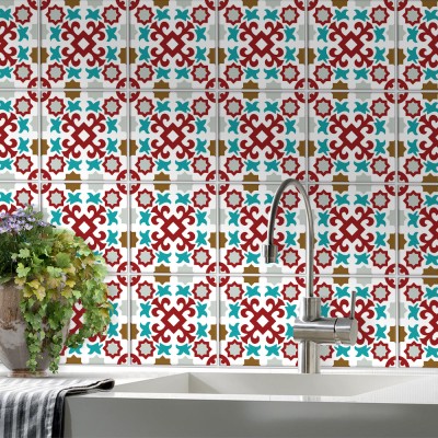 Πορτογαλικό azulejos μοτίβο κόκκινο & γαλάζιο, Backsplash, Αυτοκόλλητα πλακάκια, 30 x 120 εκ. (50534)