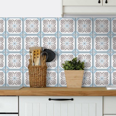 Floral μοτίβο γαλάζιο-γκρι, Backsplash, Αυτοκόλλητα πλακάκια, 30 x 120 εκ. (50593)