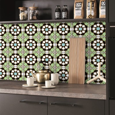 Ιταλικό Μοτίβο ανοιχτό πράσινο-γαλάζιο-μαύρο, Backsplash, Αυτοκόλλητα πλακάκια, 30 x 120 εκ.