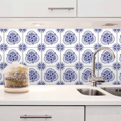 Floral σχέδιο κυκλικό μπλε-άσπρο, Backsplash, Αυτοκόλλητα πλακάκια, 30 x 120 εκ. (50588)