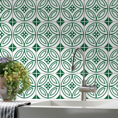 Σχέδιο κυκλικό άσπρο-πράσινο, Backsplash, Αυτοκόλλητα πλακάκια, 30 x 120 εκ. (50532)