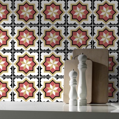 Houseart Floral Μοτίβο ανοιχτό κόκκινο & χρυσό, Backsplash, Αυτοκόλλητα πλακάκια, 30 x 120 εκ.