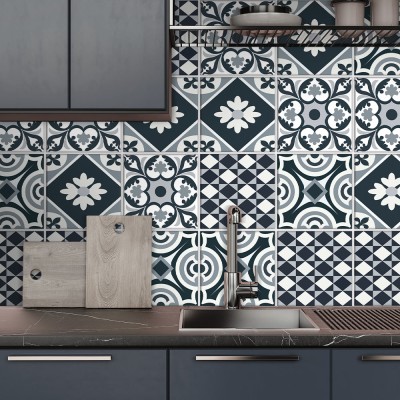 Γεωμετρικό σχέδιο μπλε σκούρο-άσπρο, Backsplash, Αυτοκό