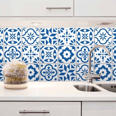 Μοντέρνο Μοτίβο μπλε-άσπρο, Backsplash, Αυτοκόλλητα πλακάκια, 30 x 120 εκ.