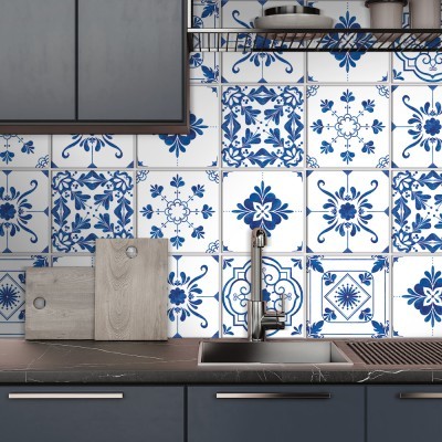 Vintage μπλε μοτίβα, Backsplash, Αυτοκόλλητα πλακάκια, 