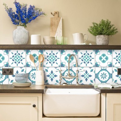 Μοτίβο σε βεραμάν & γαλάζιο, Backsplash, Αυτοκόλλητα πλακάκια, 30 x 120 εκ.