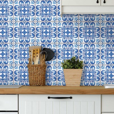 Πορτογαλικό ισπανικό μοτίβο ανοιχτό μπλε, Backsplash, Αυτοκόλλητα πλακάκια, 30 x 120 εκ. (50160)