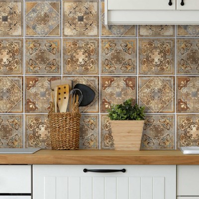 Πορτογαλικό μοτίβο ανοιχτό καφέ-μπλε λεπτομέρειες, Backsplash, Αυτοκόλλητα πλακάκια, 30 x 120 εκ.