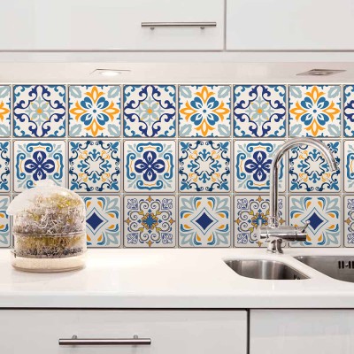 Vintage μοτίβα μπλε-κίτρινο, Backsplash, Αυτοκόλλητα πλακάκια, 30 x 120 εκ.