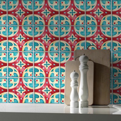 Πορτογαλικό azulejos μοτίβο κόκκινο & ανοιχτό γαλάζιο, Backsplash, Αυτοκόλλητα πλακάκια, 30 x 120 εκ. (50141)