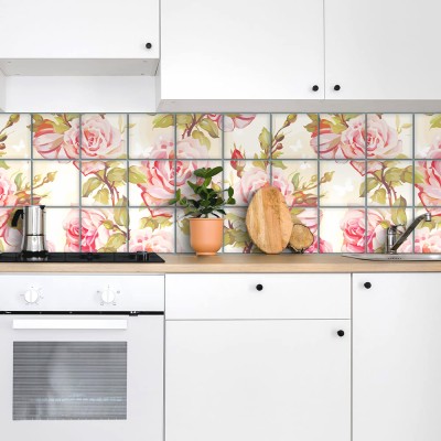 Floral μοτίβο με τριαντάφυλλο, Backsplash, Αυτοκόλλητα πλακάκια, 30 x 120 εκ. (55373)