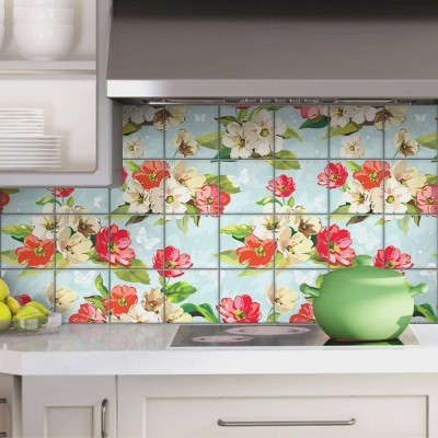 Μοτίβο με κόκκινα και άσπρα τριαντάφυλλα, Backsplash, Αυτοκόλλητα πλακάκια, 30 x 120 εκ. (55374)