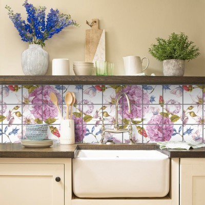 Μοτίβο με μοβ, άσπρα άνθη, Backsplash, Αυτοκόλλητα πλακάκια, 30 x 120 εκ. (55350)