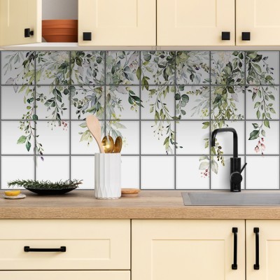 Φύλλα με άνθη, Backsplash, Αυτοκόλλητα πλακάκια, 30 x 120 εκ. (55356)