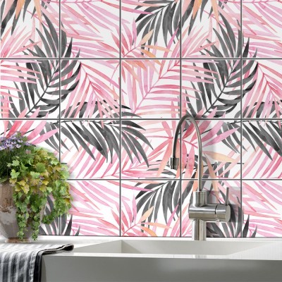Ροζ και γκρι φύλλα, Backsplash, Αυτοκόλλητα πλακάκια, 30 x 120 εκ.