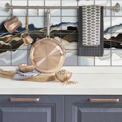 Μπλε κυματισμοί με χρυσό, Backsplash, Αυτοκόλλητα πλακάκια, 30 x 120 εκ.