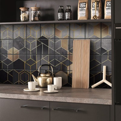 Μοτίβο με ρόμβους μαύρο & χρυσό, Backsplash, Αυτοκόλλητα πλακάκια, 30 x 120 εκ.