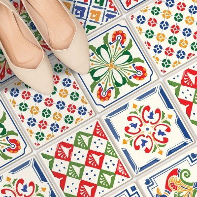 Houseart Πολύχρωμο retro μοτίβο (8 τεμάχια), Δαπέδου, Αυτοκόλλητα πλακάκια, 10 x 10 εκ.