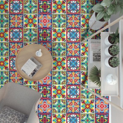 Houseart Πολύχρωμο ιταλικό floral μοτίβο (8 τεμάχια), Δαπέδου, Αυτοκόλλητα πλακάκια, 10 x 10 εκ.