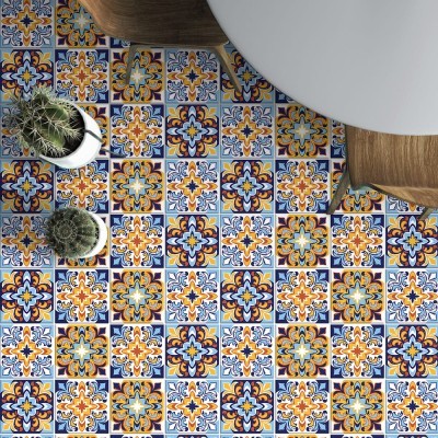 Houseart Μοτίβα σε μπλε - κίτρινο αποχρώσεις (8 τεμάχια), Δαπέδου, Αυτοκόλλητα πλακάκια, 10 x 10 εκ.