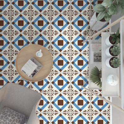 Houseart Ρόμβος Σχέδιο καφέ γαλάζιο (8 τεμάχια), Δαπέδου, Αυτοκόλλητα πλακάκια, 10 x 10 εκ.