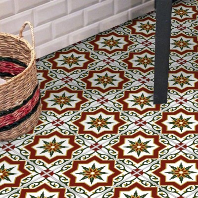 Houseart Floral Μοτίβο κόκκινο-πράσινο-χρυσό (8 τεμάχια), Δαπέδου, Αυτοκόλλητα πλακάκια, 10 x 10 εκ.