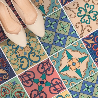 Retro πολύχρωμο μοτίβο (8 τεμάχια), Δαπέδου, Αυτοκόλλητα πλακάκια, 10 x 10 εκ. (50685)
