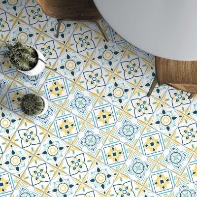 Houseart Μοτίβα σε μπλε-κίτρινο-γαλάζιο (8 τεμάχια), Δαπέδου, Αυτοκόλλητα πλακάκια, 10 x 10 εκ.