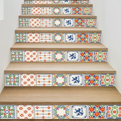 Houseart Floral μοτίβο με ζώα, Σκάλα, Αυτοκόλλητα πλακάκια, 90 x 12 εκ.