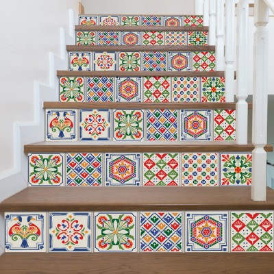 Houseart Πολύχρωμο retro μοτίβο, Σκάλα, Αυτοκόλλητα πλακάκια, 90 x 12 εκ.