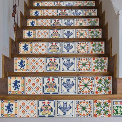 Houseart Floral μοτίβο με ζώα, Σκάλα, Αυτοκόλλητα πλακάκια, 90 x 12 εκ.