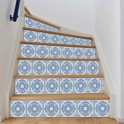 Abstract azulejo μοτίβο γαλάζιο μοτίβο, Σκάλα, Αυτοκόλλητα πλακάκια, 90 x 15 εκ. (50637)