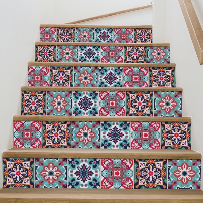 Πολύχρωμο contrast retro μοτίβο, Σκάλα, Αυτοκόλλητα πλακάκια, 90 x 12 εκ.