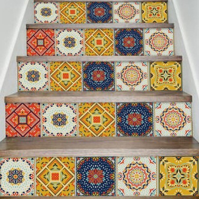 Πολύχρωμο παραδοσιακό μωσαϊκό μοτίβο, Σκάλα, Αυτοκόλλητα πλακάκια, 90 x 15 εκ. (50381)