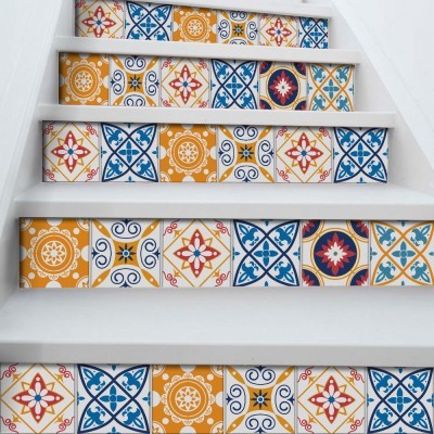 Πολύχρωμο πορτογαλικό μοτίβο, Σκάλα, Αυτοκόλλητα πλακάκια, 90 x 15 εκ. (50380)