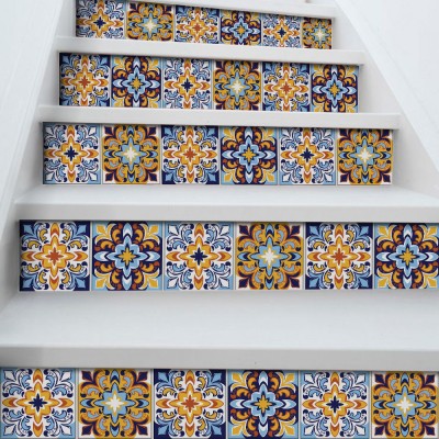 Μοτίβα σε μπλε - κίτρινο αποχρώσεις, Σκάλα, Αυτοκόλλητα πλακάκια, 90 x 12 εκ.