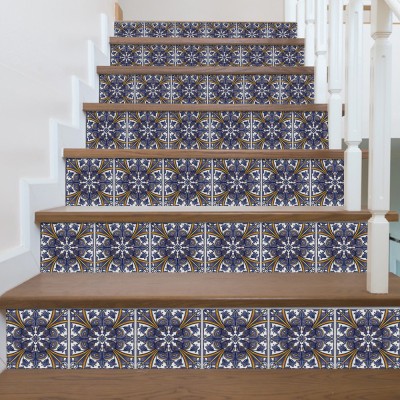 Houseart Ινδικό μπλε μοτίβο, Σκάλα, Αυτοκόλλητα πλακάκια, 90 x 12 εκ.